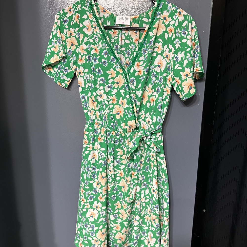 Green floral tie dress